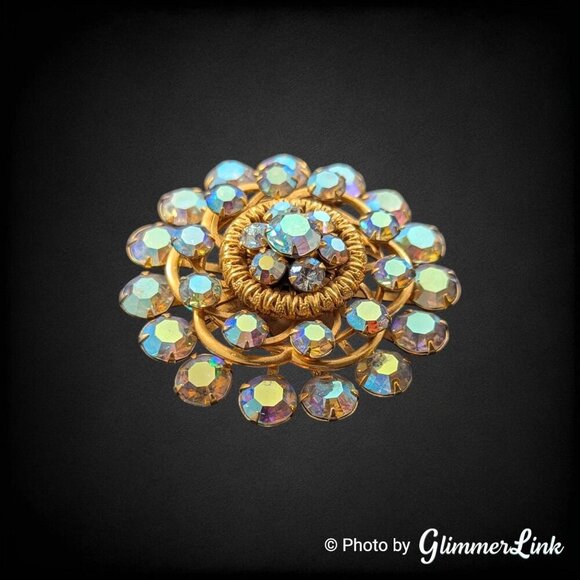 Vintage Floral Round Layered Aurora Borealis Rhinestone Riveted Gold Tone Brooch - Picture 2 of 8